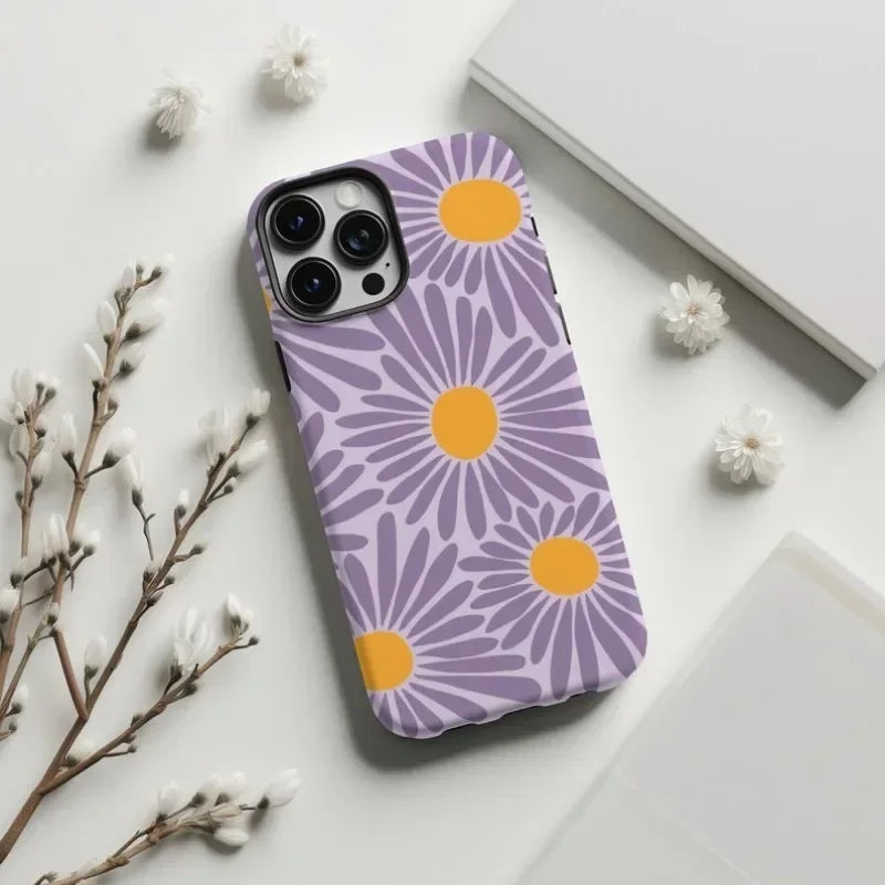 Cute Phone Cases for iPhone 16 Pro Max, 15, 14, 13, 12, and 11 Pro Plus - Purple Daisy Floral Acrylic Cover - TSP509