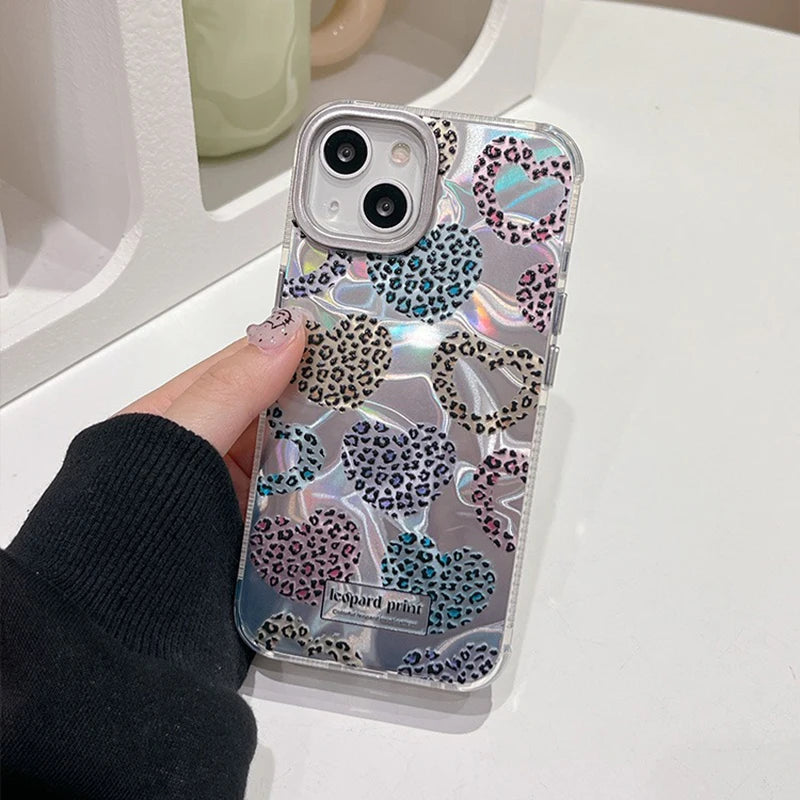 Cute Phone Cases: Leopard Print Love Heart IMD Silicone for iPhone 12-15 Pro Max - TSP299