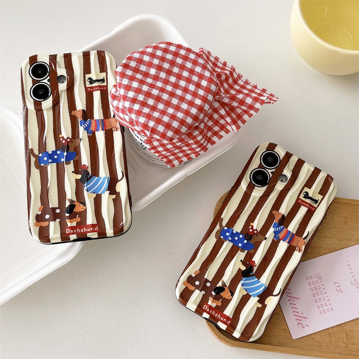 Cute Phone Cases For iPhone 16, 15, 14, 13, 12 Pro Max - Cartoon Dachshund Dog - Stripes 3D Wavy Soft Cover - PC5520