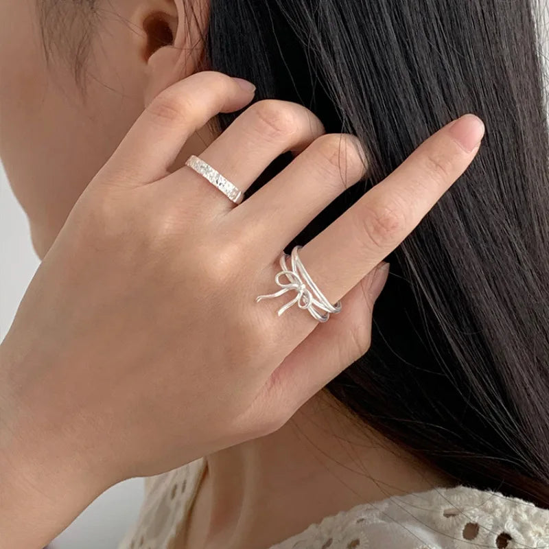 Finger Ring Charm Jewelry - Silver Color Bowknot - Double Layer Hollowing Out - R1420