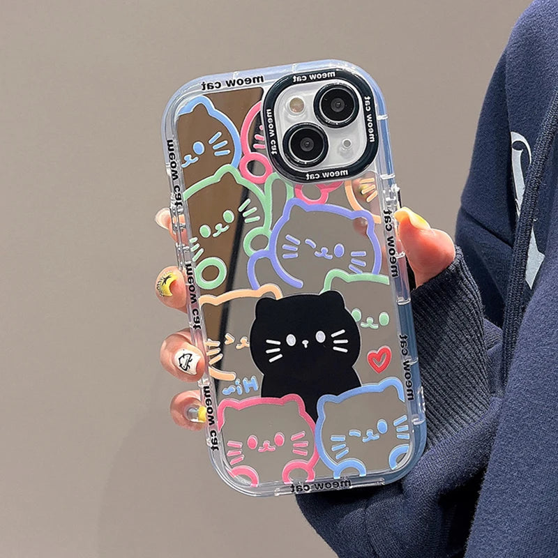 Cute Cat Plating Mirror Painted Lines Phone Case for iPhone 11, 12, 13, 14, 15 Pro, and Pro Max