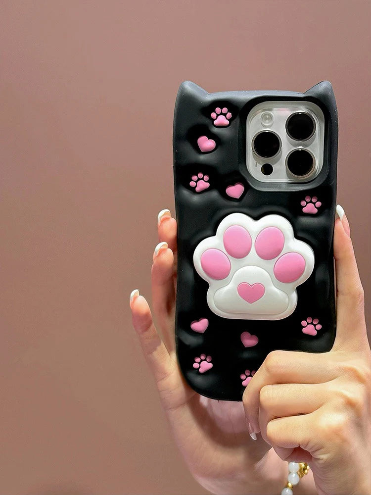 Cute Phone Cases: 3D Cat Paw Silicone Case with Stand for iPhone 15/14/13/12 Pro Max - TSP310