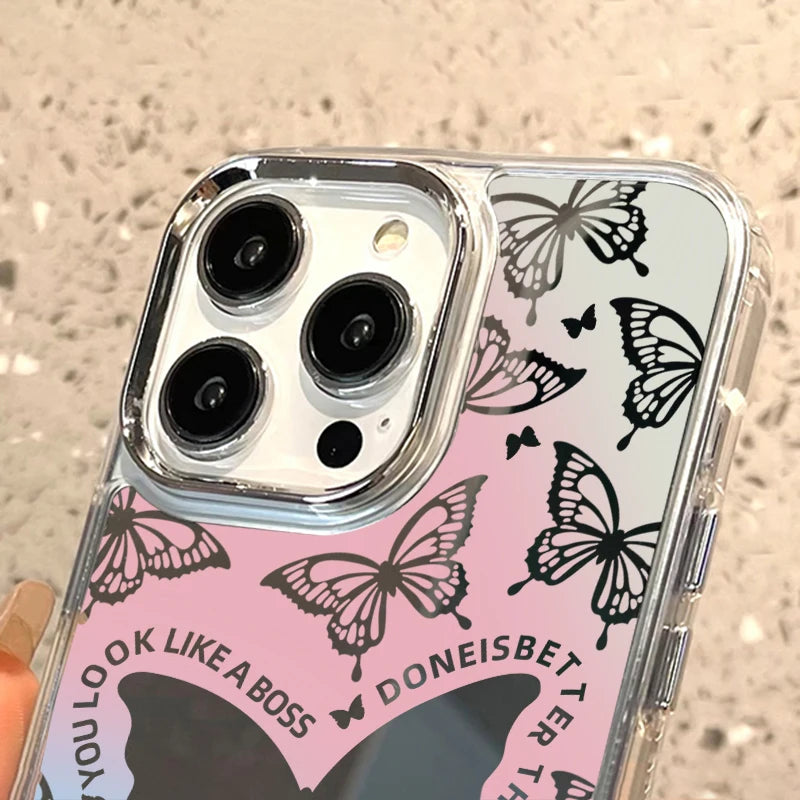 Cute Phone Cases: Lovely Butterfly Silver Mirror Back Cover with Cat Ears for iPhone 11-15 Pro Max - TSP288