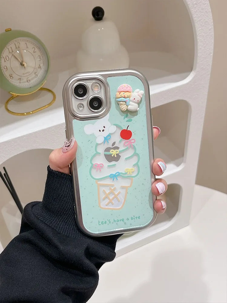 Cute Phone Cases: Sweet Ice Cream Bunny Silver Bumper for iPhone 15/14/13/12 Pro Max - TSP315