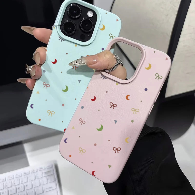 Cute Phone Cases For iPhone 11 12 13 14 15 16 Pro Max - Colorful Moon Bow Lichee Pattern - Silicone Cover