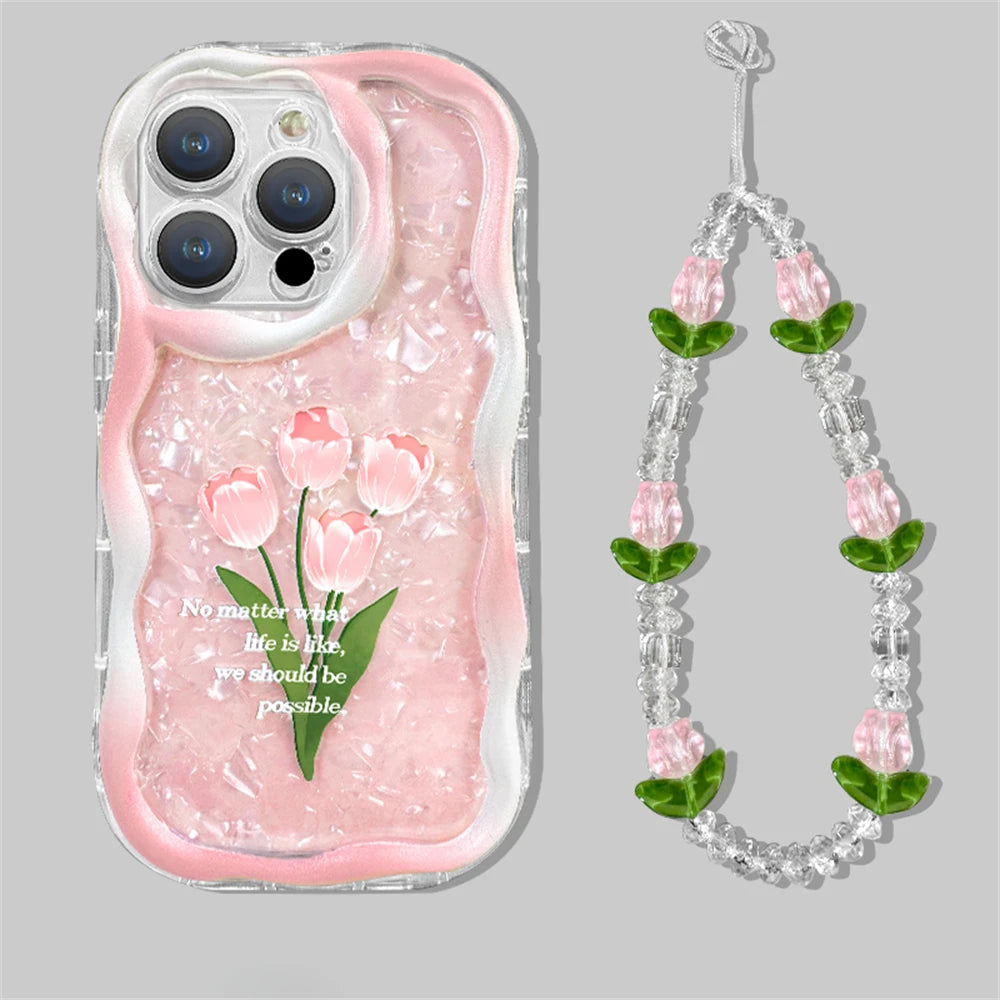 Cute Phone Cases For iPhone 11, 12, 13, 14, or Pro Max - Pink Tulip Shell Pattern, Flower Chain Lanyard - TSP432