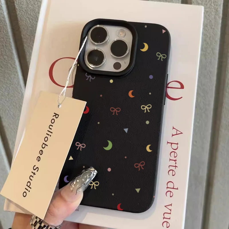 Cute Phone Cases For iPhone 11 12 13 14 15 16 Pro Max - Colorful Moon Bow Lichee Pattern - Silicone Cover