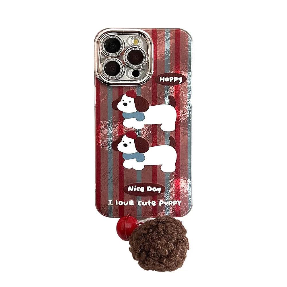 Cute Phone Cases For iPhone 16, 15, 14, 13, 12, 11 Pro Max, 16 Plus - Cartoon Puppy - Stripes Art - Bell Plush Ball Pendant - CC1240 - Touchy Style