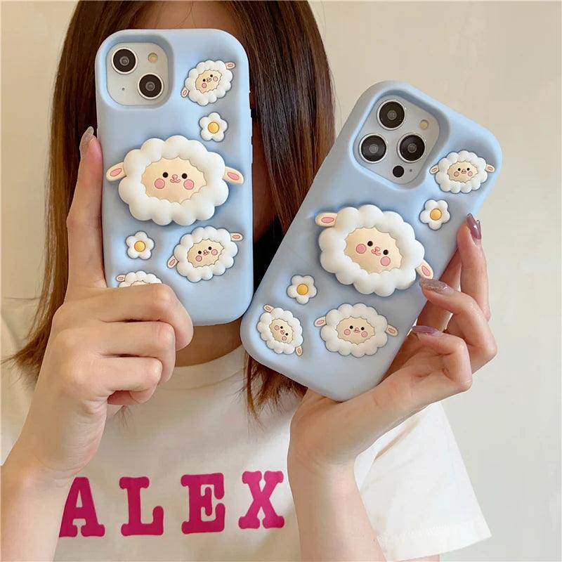 Cute Phone Cases For iPhone 15, 13, 14, 12 Pro Max, 11, and 14 Pro Max - White Sheep - Folding Stand Holder  - TSP253