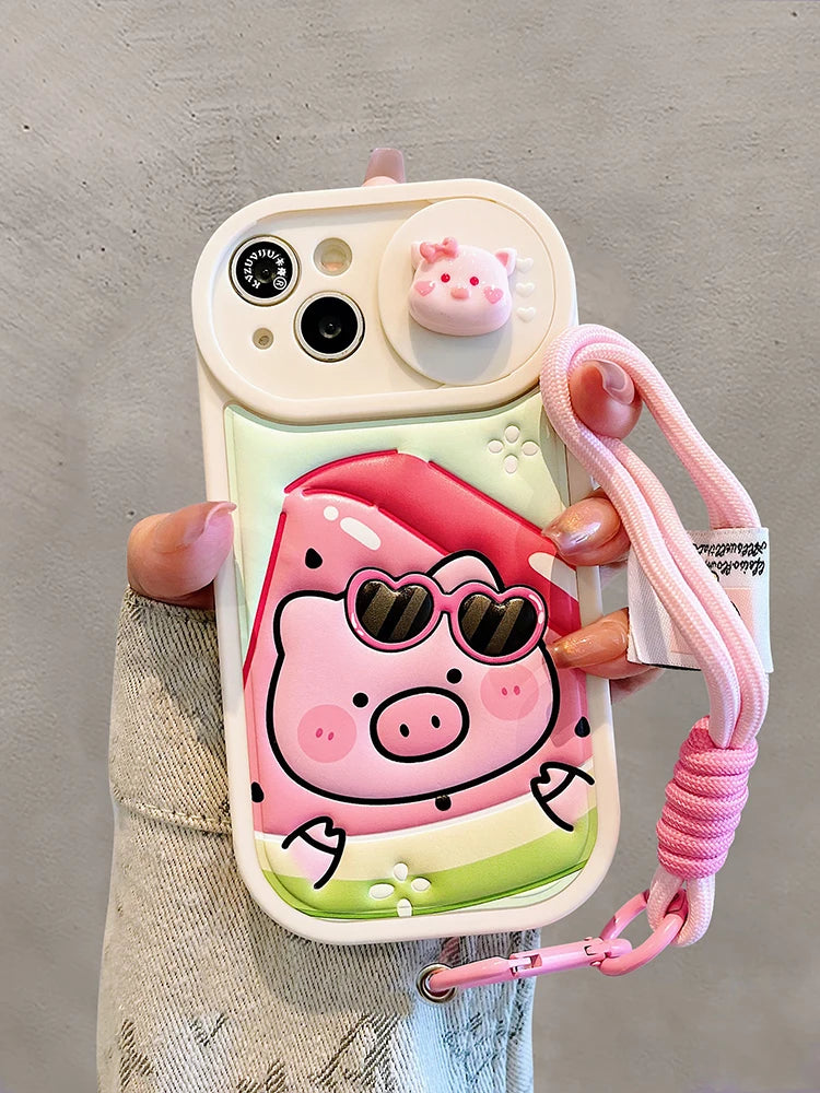 Cute Phone Cases: Cartoon Pig Lens Protector Case with Bracelet for iPhone 15/14/13/12 Pro Max - TSP314