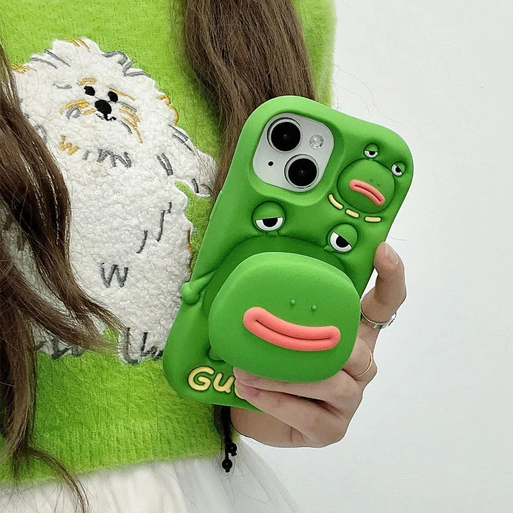 Cute Phone Cases For iPhone 11, 12, 13, 14, and 15 Pro Max - Funny 3D Big Mouth Frog - Hidden Holder - TSP273