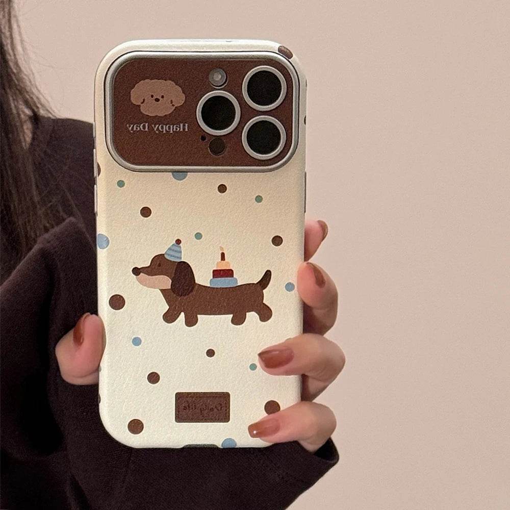 Cute Phone Cases For iPhone 16, 15, 14, 13 Pro Max - Leather Polka Dots Dog Back Cover with Wristchain - PC6411 - Touchy Style