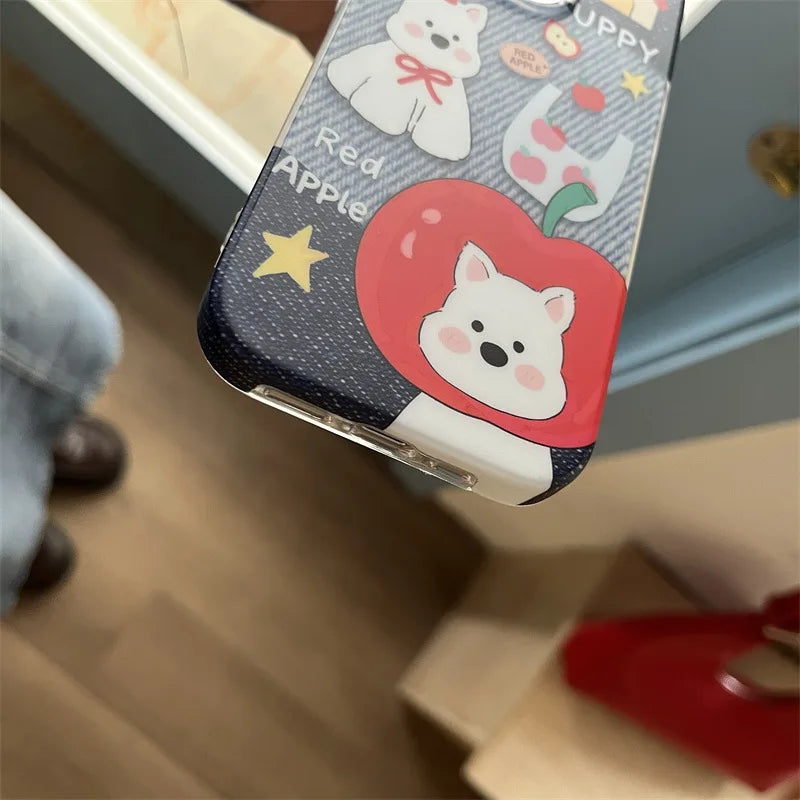 Cute Phone Cases For iPhone 16, 15, 14, 13, 12 Pro Max - Red Apple Hat Puppy Art - Cartoon Soft Cover - PC9211