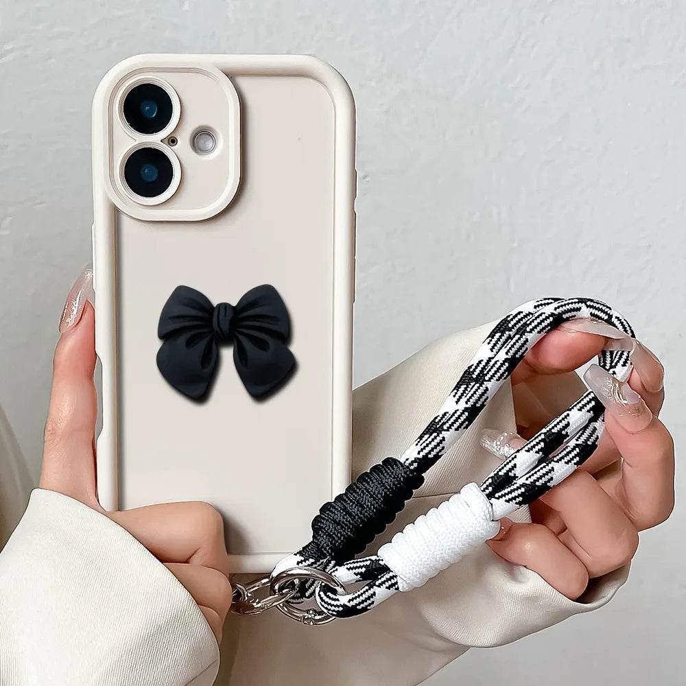 Cute Phone Cases For iPhone 16, 15, 14, 13, 12, 11 Pro MAX, XS Max, XR, 7, 8 Plus - Bowknot Lanyard - Soft Cover - PC1330