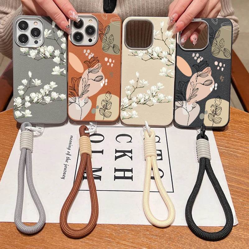 Cute Phone Cases For iPhone 16, 15 Pro Max, 14 Plus, 13, 12 Pro Max - Printed Flowers Leather Cover with Lanyard - PC6320 - Touchy Style