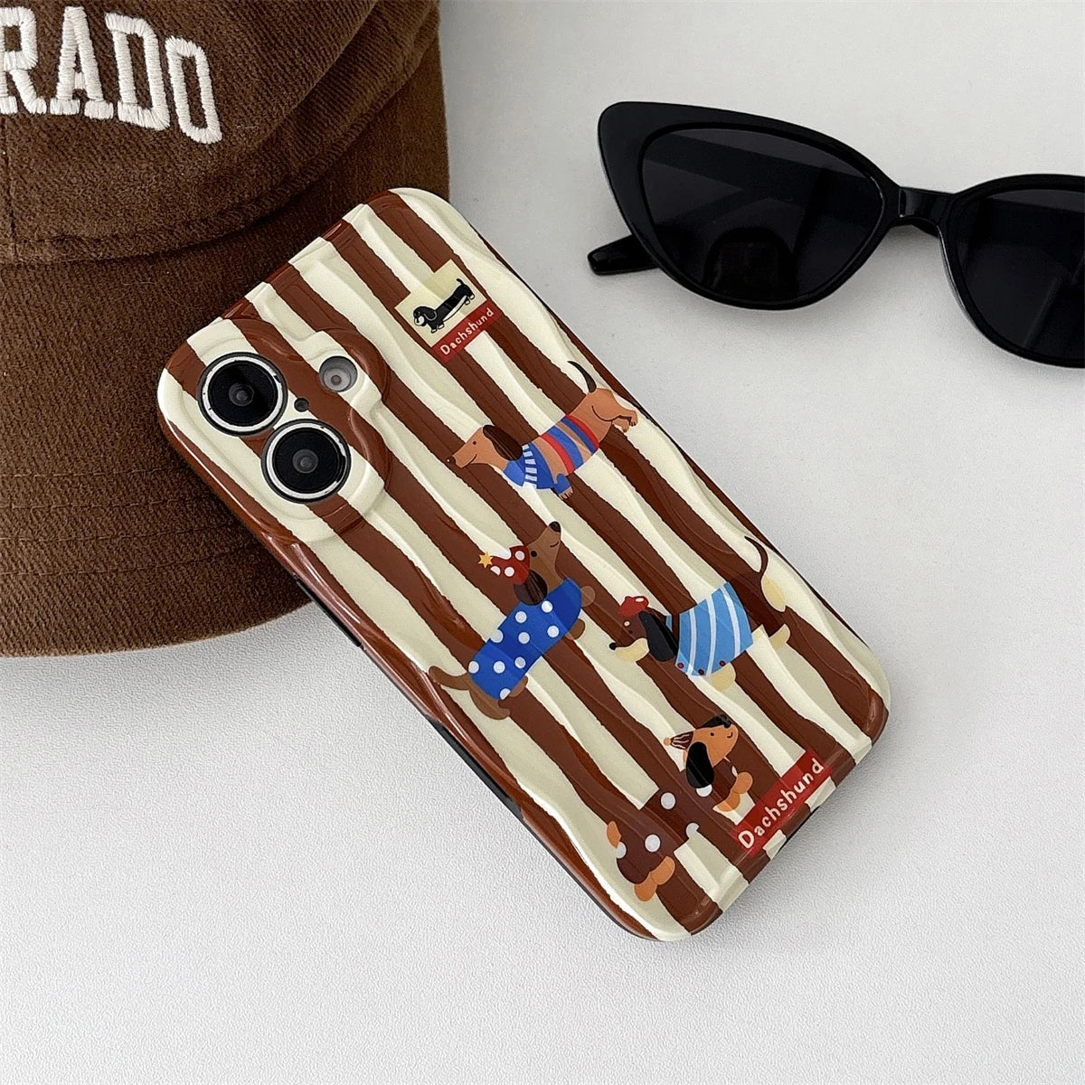 Cute Phone Cases For iPhone 16, 15, 14, 13, 12 Pro Max - Cartoon Dachshund Dog - Stripes 3D Wavy Soft Cover - PC5520