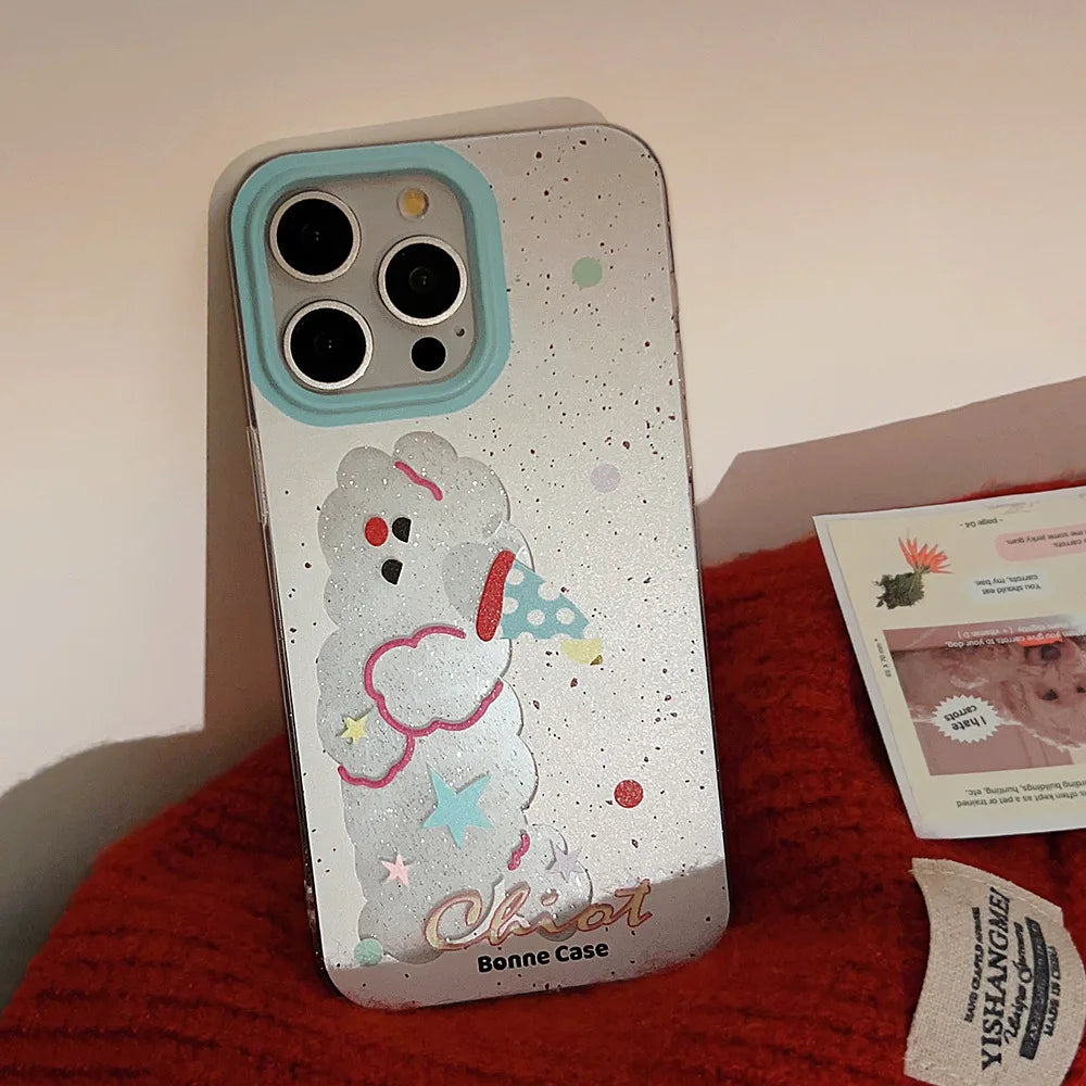 Cute Phone Cases For iPhone 16, 15, 14, 13, 12, 11 Pro Max, 15 Plus - Glitter Lazy Party Puppy - Transparent Cover - IC4011