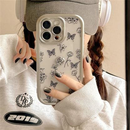 Cute Phone Cases: 3D Black Rose Flowers Silver Bumper Clear Back Cover for iPhone 11-15 Pro Max - TSP312-B