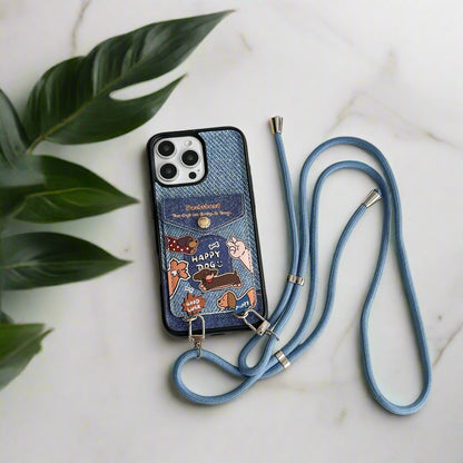 Cute Phone Cases For iPhone 16, 15, 14, 13 Pro Max - Denim Cloth Embroidery Cartoon Dog - PC5320