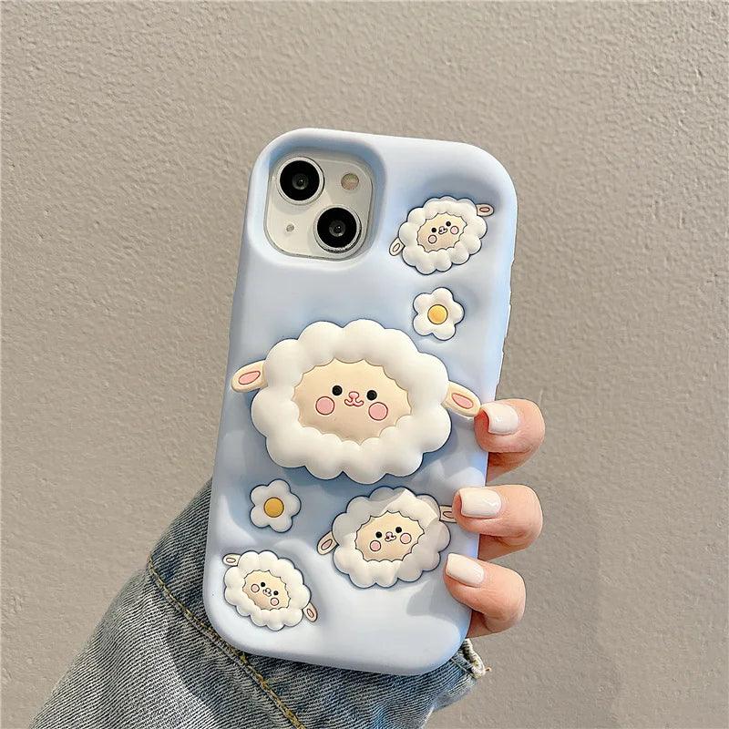 Cute Phone Cases For iPhone 15, 13, 14, 12 Pro Max, 11, and 14 Pro Max - White Sheep - Folding Stand Holder  - TSP253