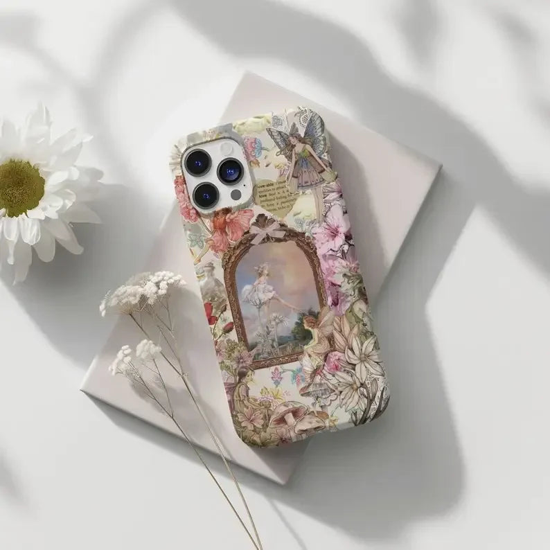 Cute Phone Cases For iPhone 16, 15PRO MAX, 14, 13, 12, 11 PRO, 11 Plus - Vintage Fairy Garden Collage - Acrylic TPU Cover - PC8401