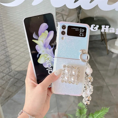 Cute phone Cases For Galaxy Z Flip 5 3 4 - Luxury Pearl Rhinestone Glitter Laser Cover with Wristchain - C5220