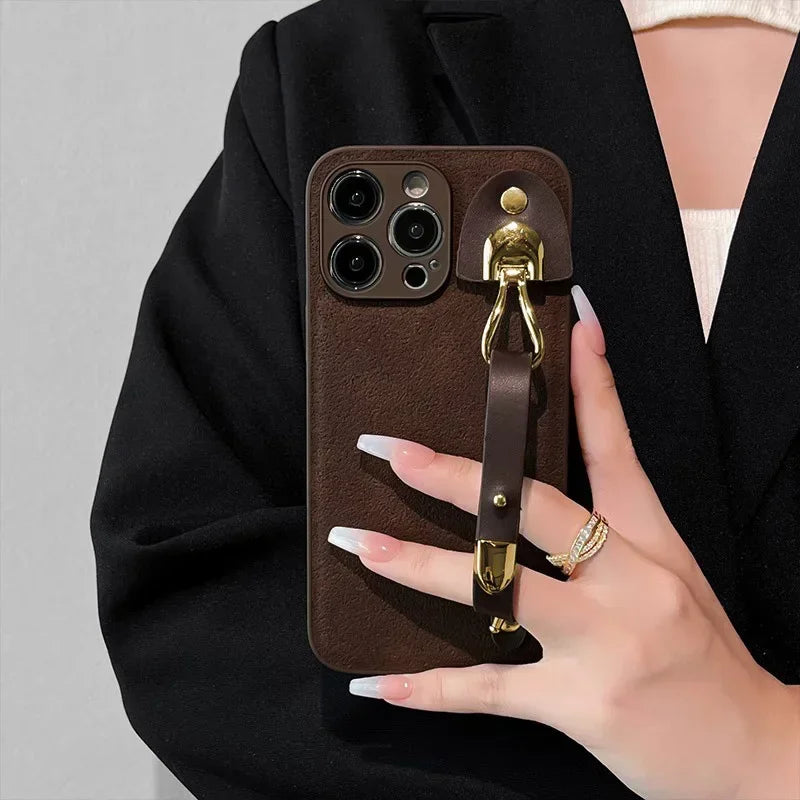 Cute Phone Cases For iPhone 16, 15, 14, 13, 12, 11 Pro Max, XR, X, and Xs Max with Wrist Chain - Plain Leather - TSP487