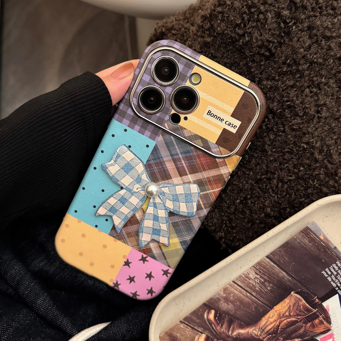 Cute Phone Cases iPhone 16, 15, 14, 13 Pro Max - Leather Texture Splicing Checker Bowknot Sticker Cover - PC3550