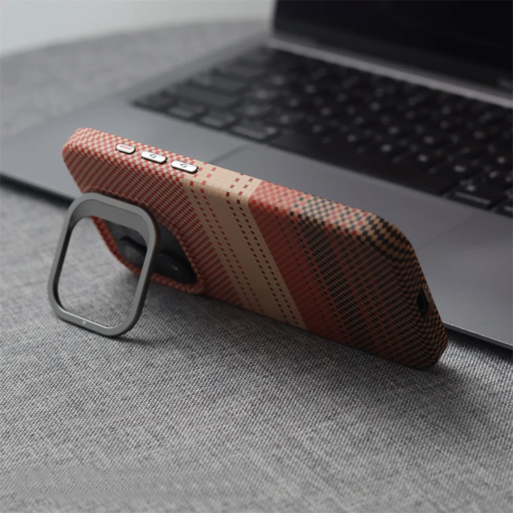 Cute Phone Cases For iPhone 16 Plus, 15, 14, and 13 Pro Max - With Metal Holder - Carbon Fiber Pattern - TSP420