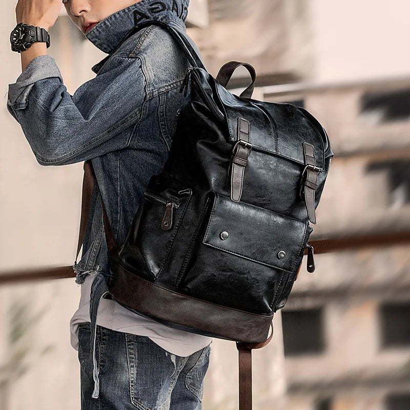 Black Pu Leather Cool Backpack For Men&