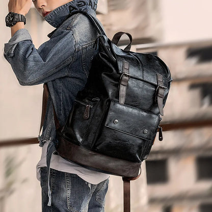 Black Pu Leather Cool Backpack For Men&