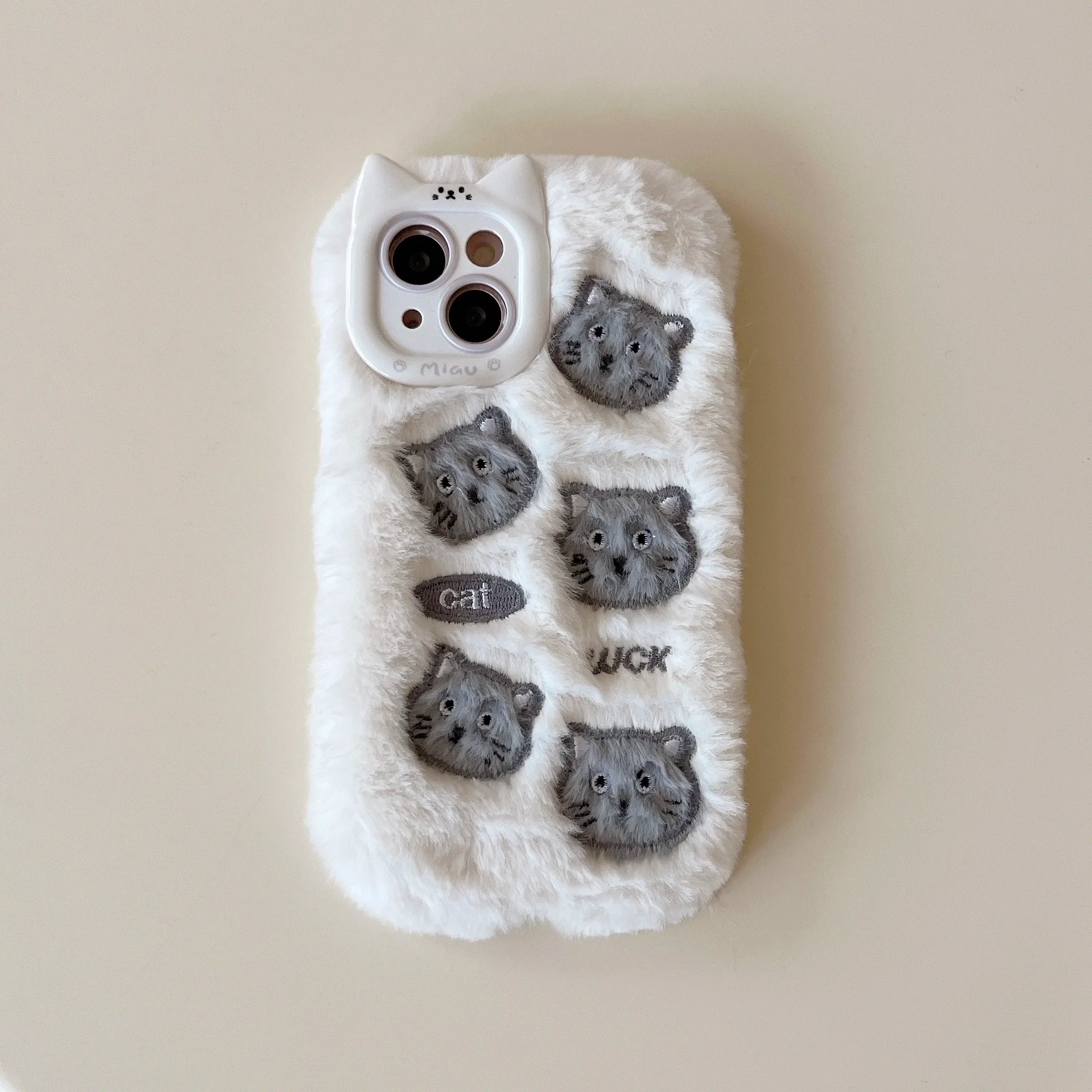 Cute Phone Cases For iPhone 16, 15, 14, 13 Pro Max - Grey &amp; White Fluffy Cat Pattern - Cat Ear Lens Frame - PC6430