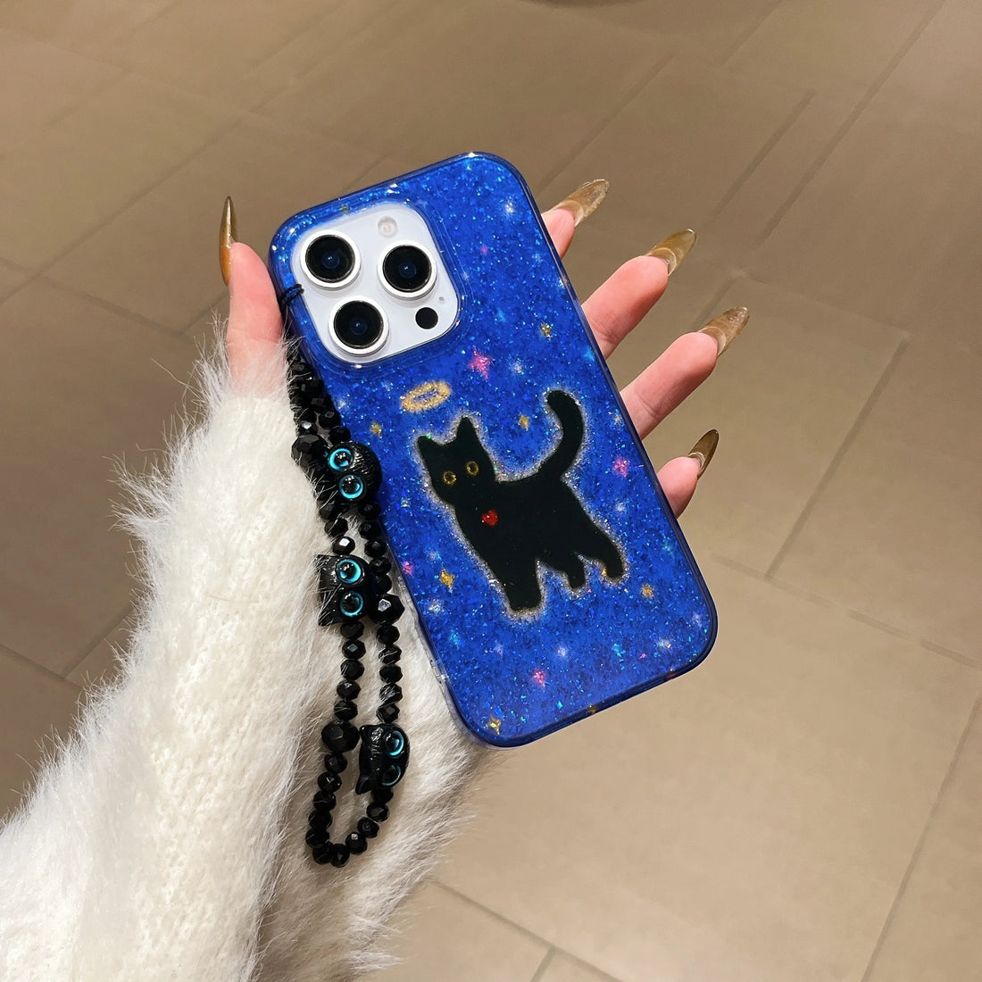 Cute Phone Cases For iPhone 16, 15, 14, 13 Pro Max - Glittering Blue Background Black Cat Pattern - Cover With Wrist Chain - PC6530 - Touchy Style