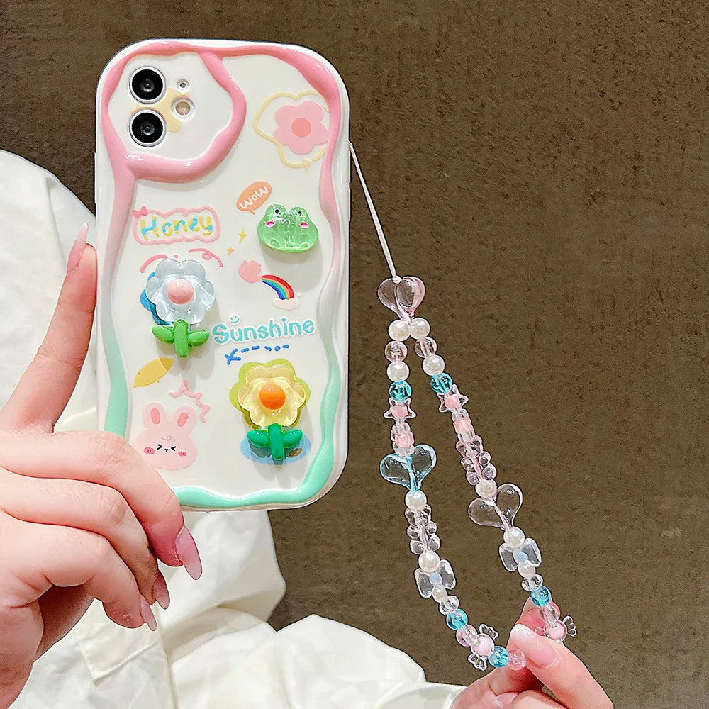 TSP181-B Cute Phone Cases For iPhone 15, 14, 13 Pro Max - With Cartoon Bracelet Chain, Transparent Cover