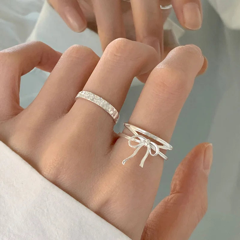 Finger Ring Charm Jewelry - Silver Color Bowknot - Double Layer Hollowing Out - R1420