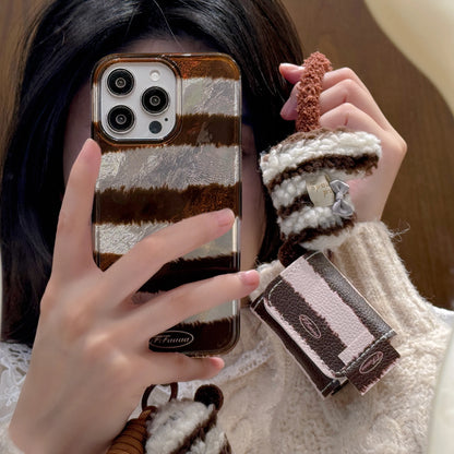 Cute Phone Cases For iPhone 16, 15, 14, 13 Pro Max - Creative Laser Brown Stripes with Fluffy Socks Wrist Band - PC6130