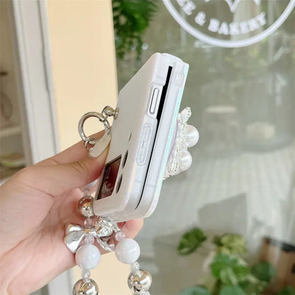 Cute phone Cases For Galaxy Z Flip 5 3 4 - Luxury Pearl Rhinestone Glitter Laser Cover with Wristchain - C5220