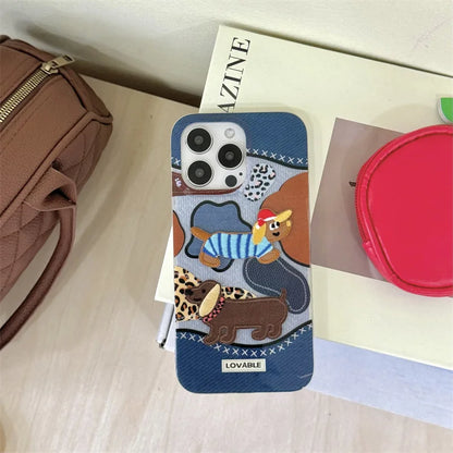 Cute Phone Cases: Embroidery Dachshund Puppy Denim Leopard Art for iPhone 15, 14, 13, 12 Pro Max - TSP376