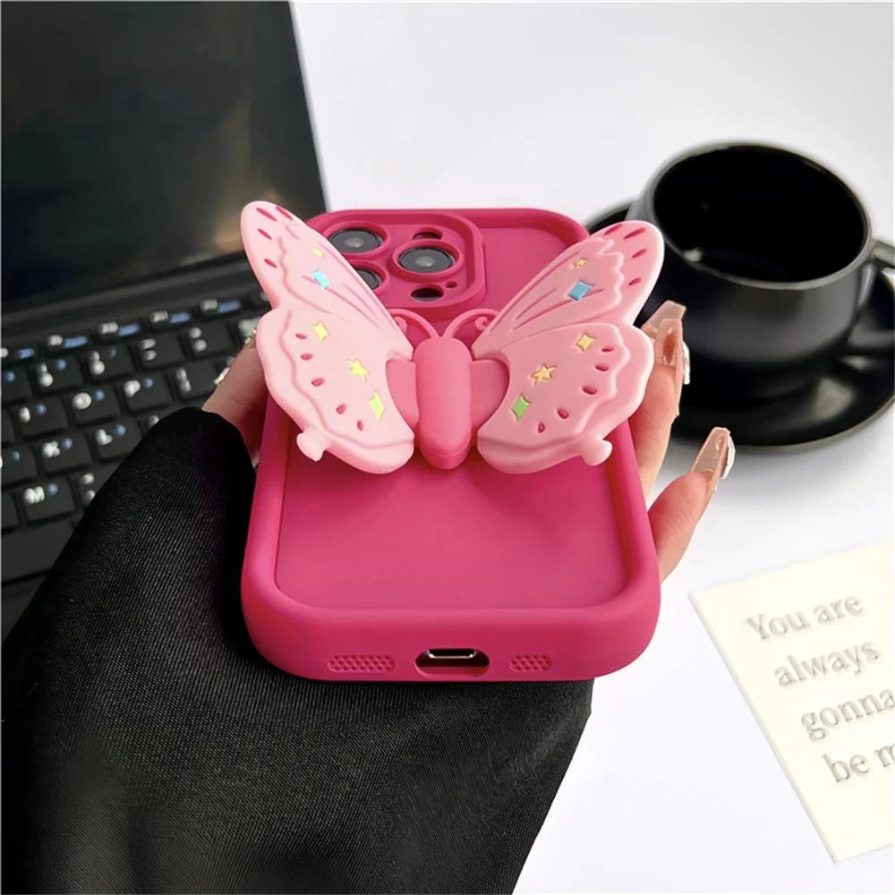 Cute Phone Cases for iPhone 15, 14 Pro Max, 13, 12, XR, XS, 7, and 8 Plus - 3D Butterfly Stand - TSP323