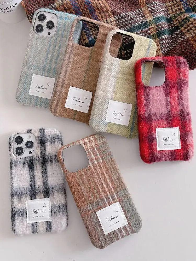 TSP80 Cute Phone Cases For iPhone 15, 11, 14 Pro Max, and 13, 12 - Stylish Woolen Plush Plaid Cover