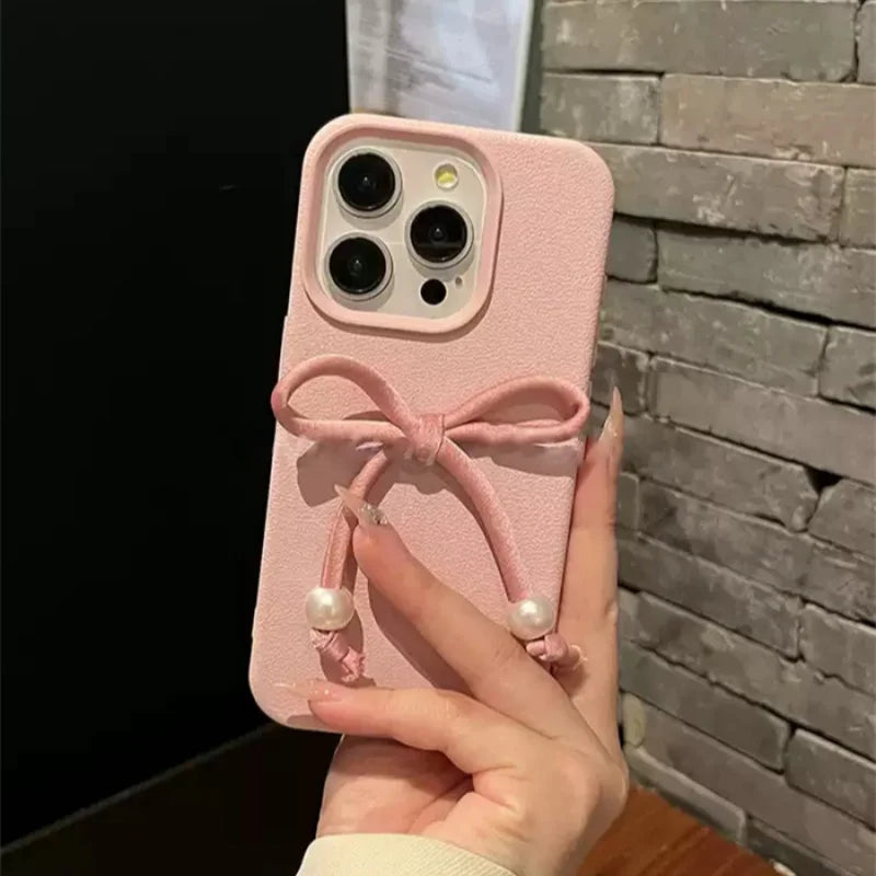 Cute Phone Cases For iPhone 16, 15, 14, 13, 12 Pro, 11 Plus, 11 Pro Max - 3D Pearl Bowknot PU Soft Cover - PC0220