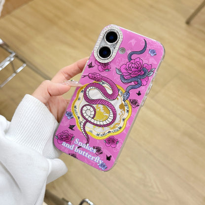 Cute Phone Cases For iPhone 16, 15, 14, 13 Pro Max - Rose Pink Snake &amp; Roses - Lens Protection Chic Back Cover - PC9140