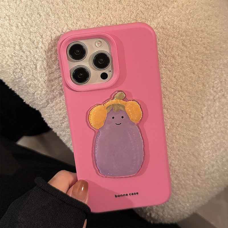 Cute Phone Cases For iPhone 16, 15, 13, 14, 12 Pro Max, 16 Plus - 3D Eggplant with Happy Smile - PC5210 - Touchy Style