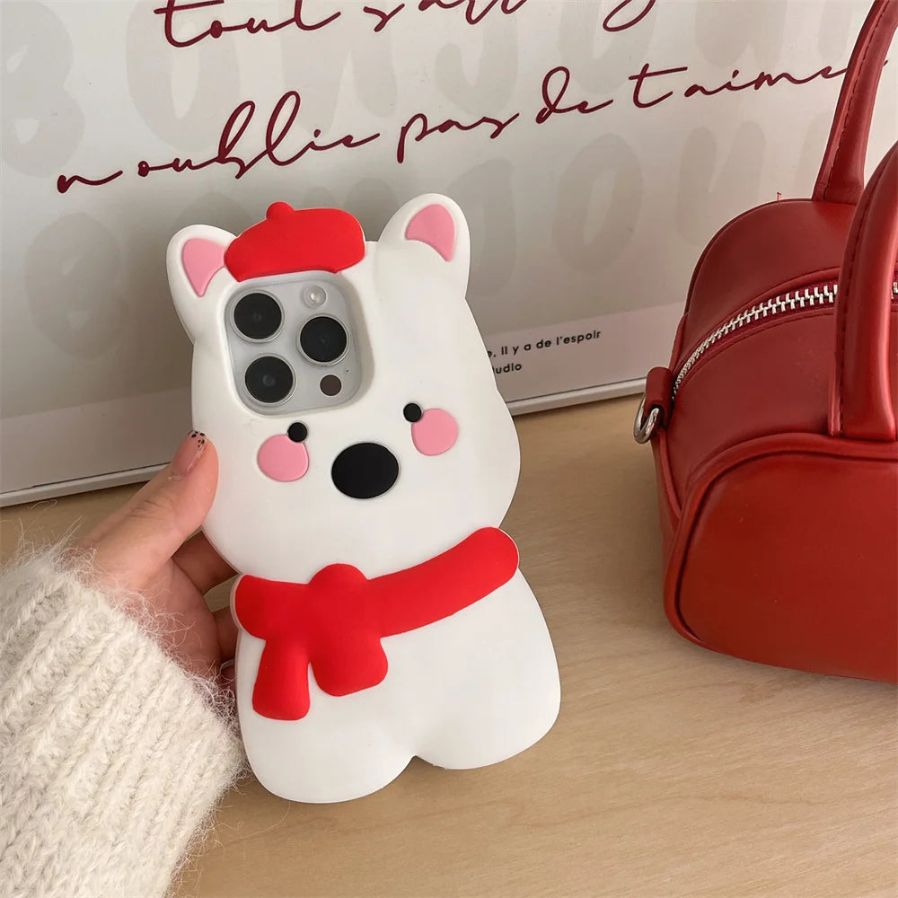 Cute Phone Cases For iPhone 16, 15, 14, 13, 11, 12 Pro Max - Funny 3d Plush Penguin and Puppy Silicone Cover - IC1021