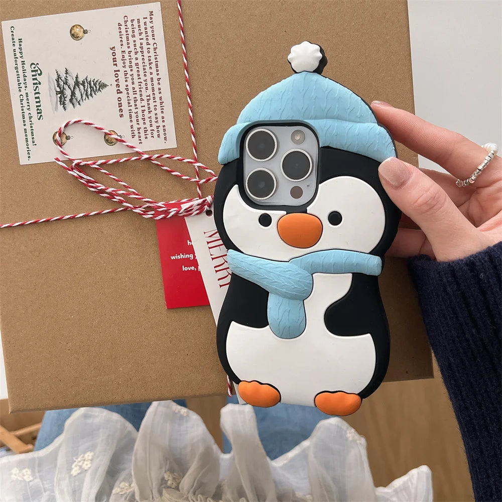 Cute Phone Cases For iPhone 16, 15, 14, 13, 11, 12 Pro Max - Funny 3d Plush Penguin and Puppy Silicone Cover - IC1021 - Touchy Style