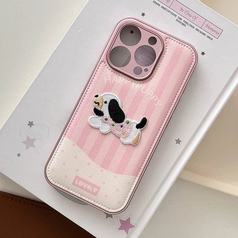 Cute Phone Cases For iPhone 16, 15, 13, 14 Pro Max - Pink Cartoon Dog Puppy - Soft Leather Cover - PC4421 - Touchy Style