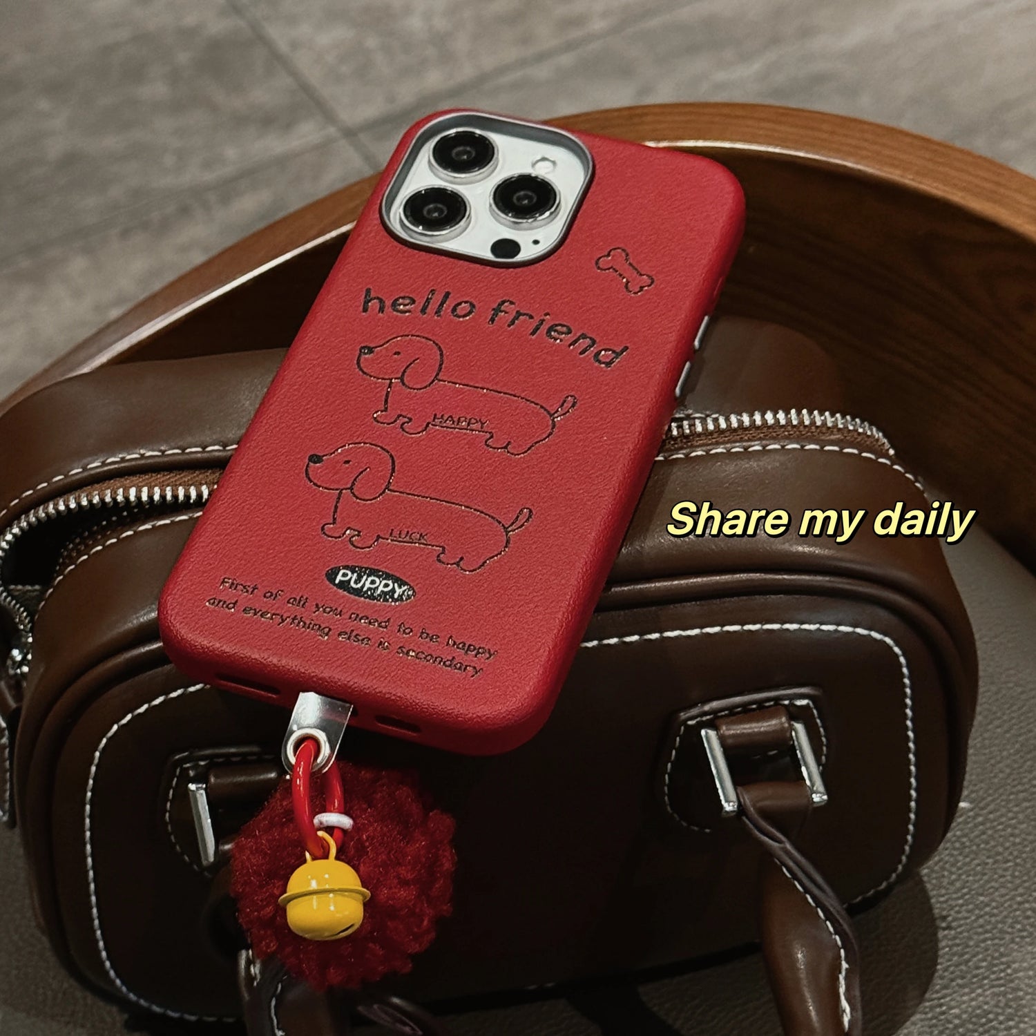 Cute Phone Cases For iPhone 16, 15, 14, 13 Pro Max - Red Leather Cover - Dog Pattern with Fluffy Dangle - PC616