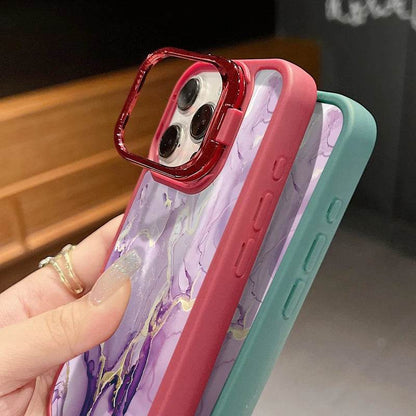 Cute Phone Cases For iPhone 16, 15 Pro Max, 14, 15 Plus, 13, 12 Pro Max, 11 - Lens Frame Holder - Purple Marble Printed Cover - PC6120 - Touchy Style