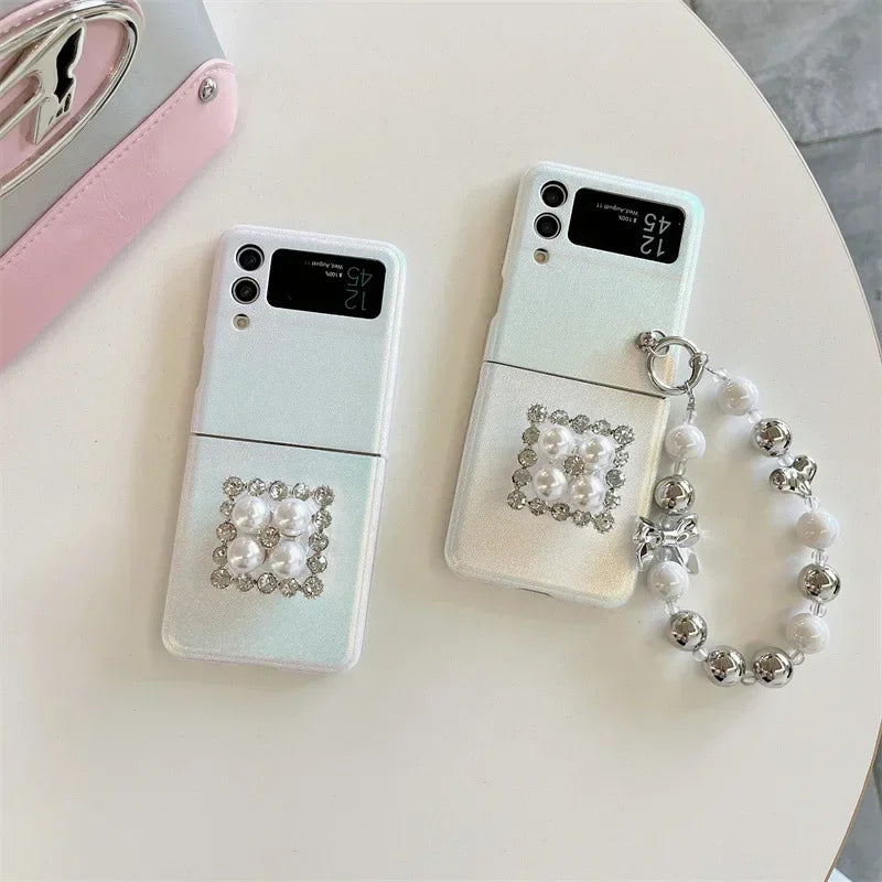 Cute phone Cases For Galaxy Z Flip 5 3 4 - Luxury Pearl Rhinestone Glitter Laser Cover with Wristchain - C5220 - Touchy Style