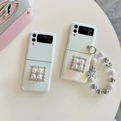 Cute phone Cases For Galaxy Z Flip 5 3 4 - Luxury Pearl Rhinestone Glitter Laser Cover with Wristchain - C5220